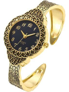 Women's Black Gold Vintage Cuff Bracelet Arabic Numerals Quartz Wrist Watches